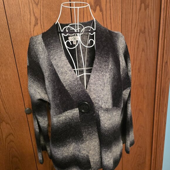 Vintage Studio Works Cardigan Sweater M Black Gray Ombre Stripe Knit Button VNec - Picture 12 of 13